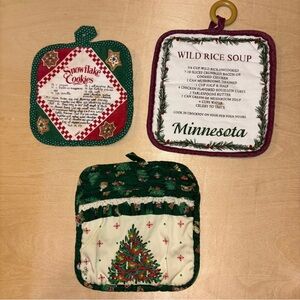 Vintage Christmas Recipe Oven Pot Holders Snowflake Cookies Wild Rice Soup